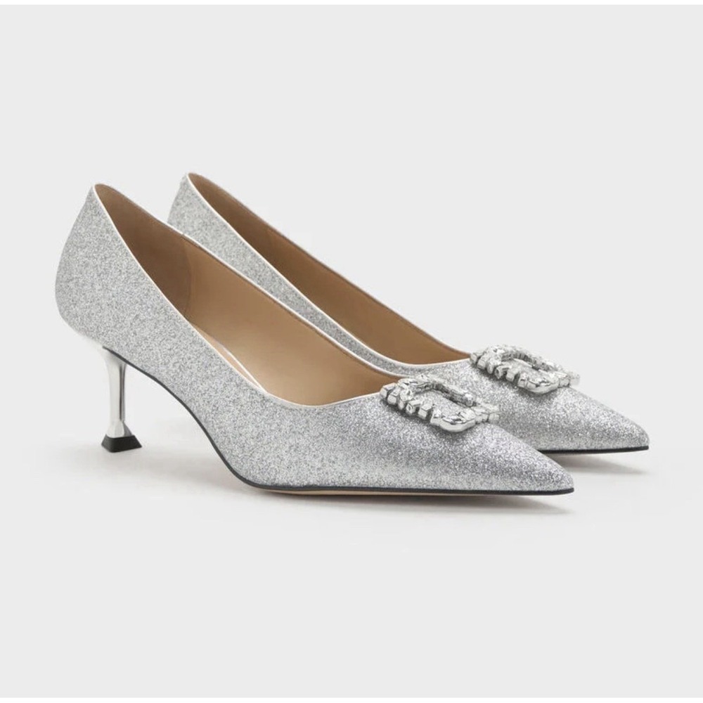 Silver Glitter Gem Kitten Heel Pump EU 41 Bridal Charles & Keith Elegant Wedding - Picture 1 of 8